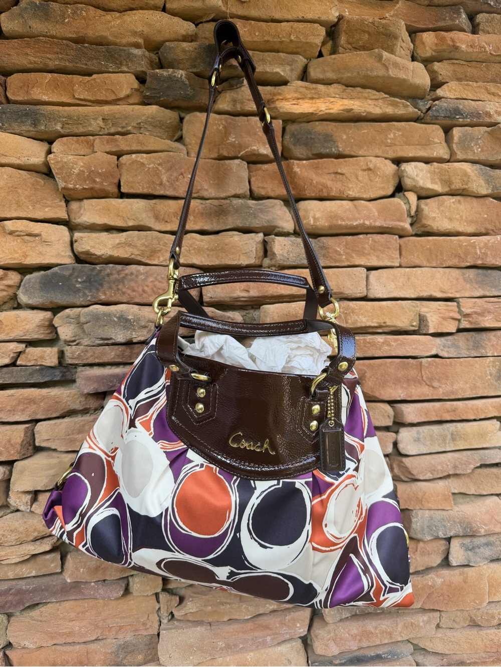 Coach Brown Patent-Trim Shoulder Bag with Multicolor Circle Print